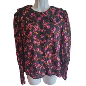 Who What Wear Black Floral Balloon Long Sleeve Boat Neck Woven Top